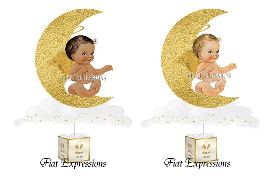 Heaven Sent Boy Sitting on Moon Gold & White Baby Shower Centerpiece