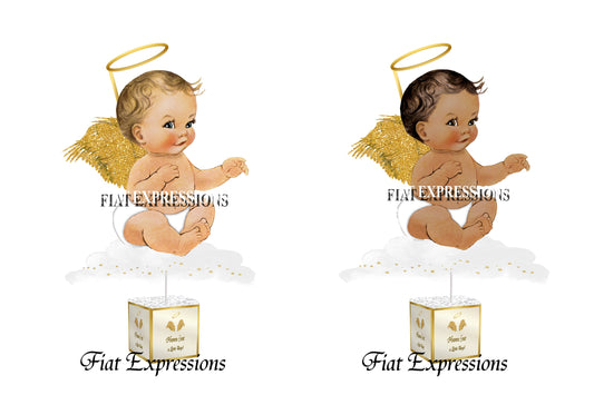 Heaven Sent Boy Sittig on a Cloud Gold & White Baby Shower Centerpiece