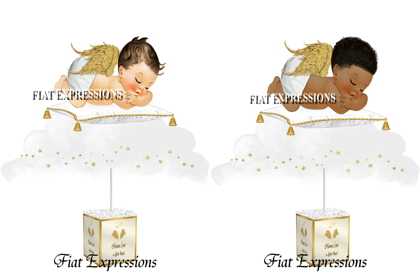 Heaven Sent Boy Sleeping on Pillow on Cloud Gold & White Baby Shower Centerpiece