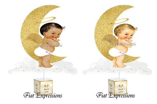 Heaven Sent Boy Standing on Cloud with Moon Gold & White Baby Shower Centerpiece