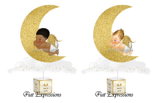 Heaven Sent Boy Sleeping on the Moon Gold & White Baby Shower Centerpiece