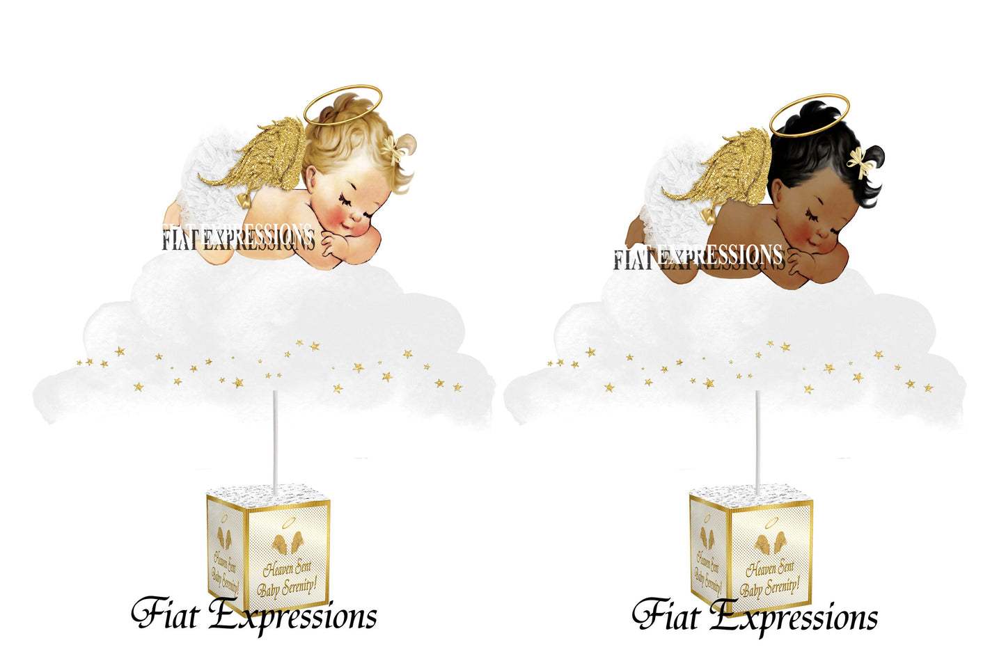 Heaven Sent Girl Sleeping on Cloud Gold & White Baby Shower Centerpiece