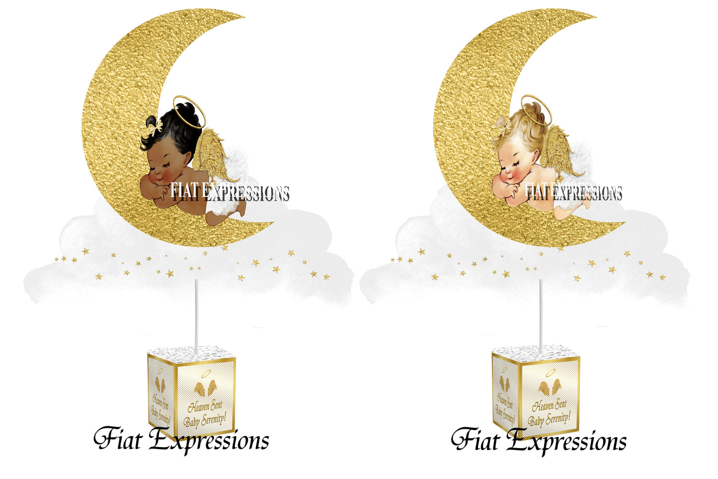 Heaven Sent Girl Sleeping on Moon on Cloud Gold & White Baby Shower Centerpiece