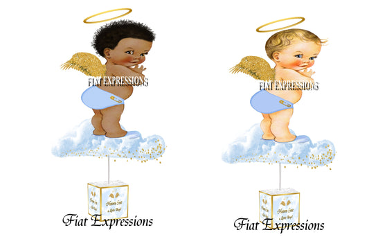 Heaven Sent Boy on Cloud Blue & Gold Baby Shower Centerpiece