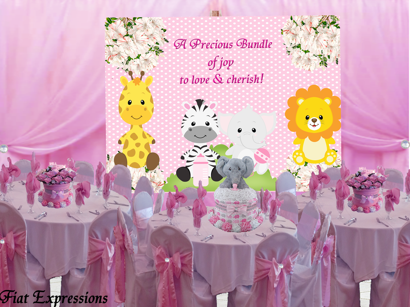 Elephant Pink Safari Mini Diaper Cake Baby Bouquets Set