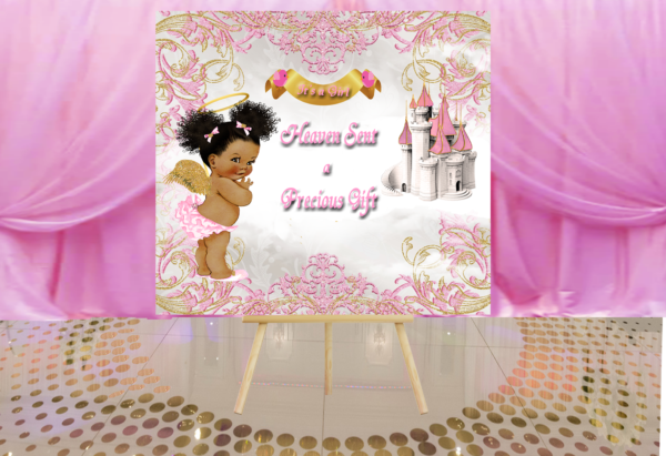 Fiat Expressions Heaven Sent Pink Gold Castle Baby Shower Poster Backdrop