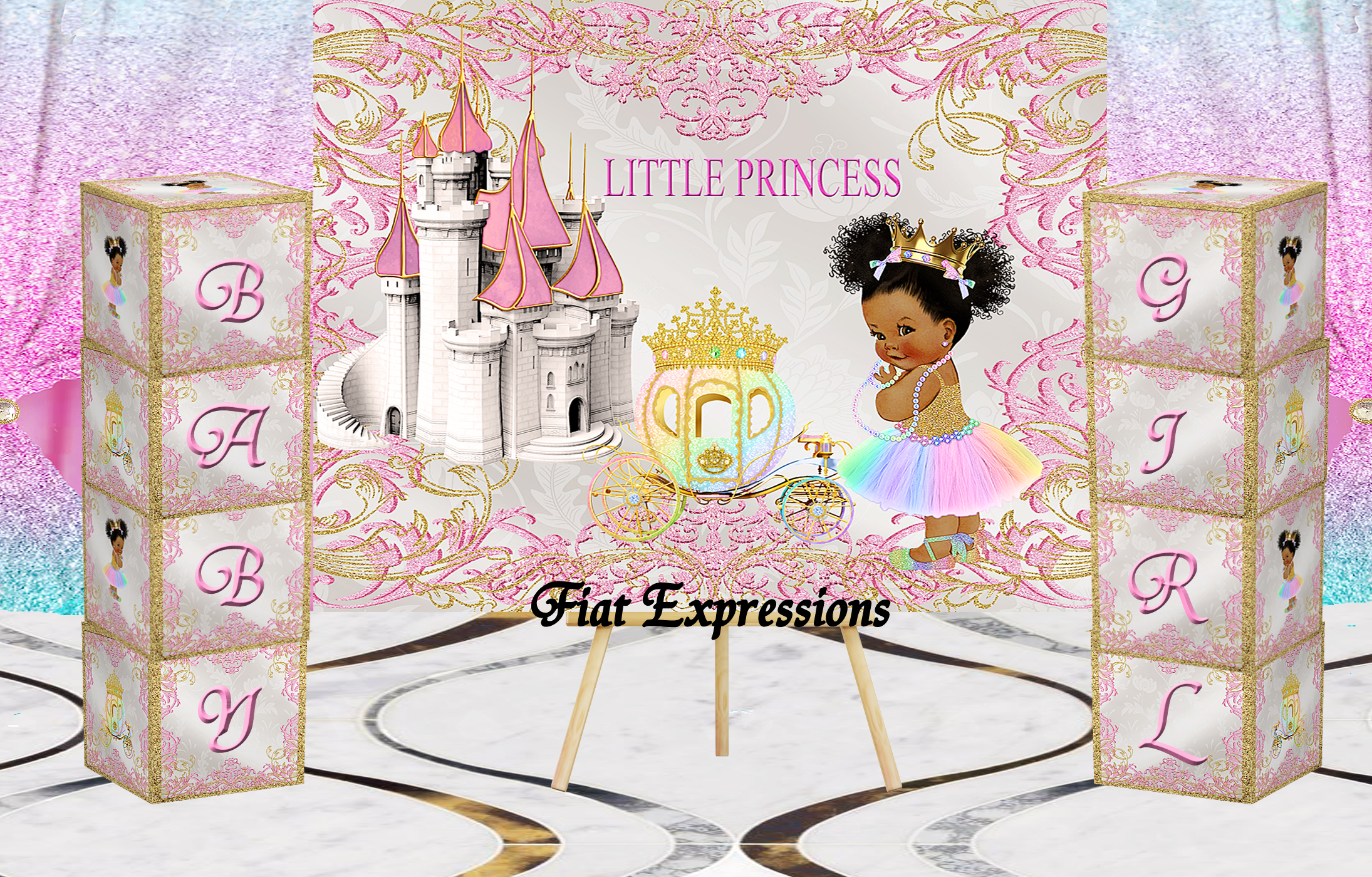 Fiat Expressions Princess Carriage Pink & Blue Baby Shower Poster Backdrop Digital File