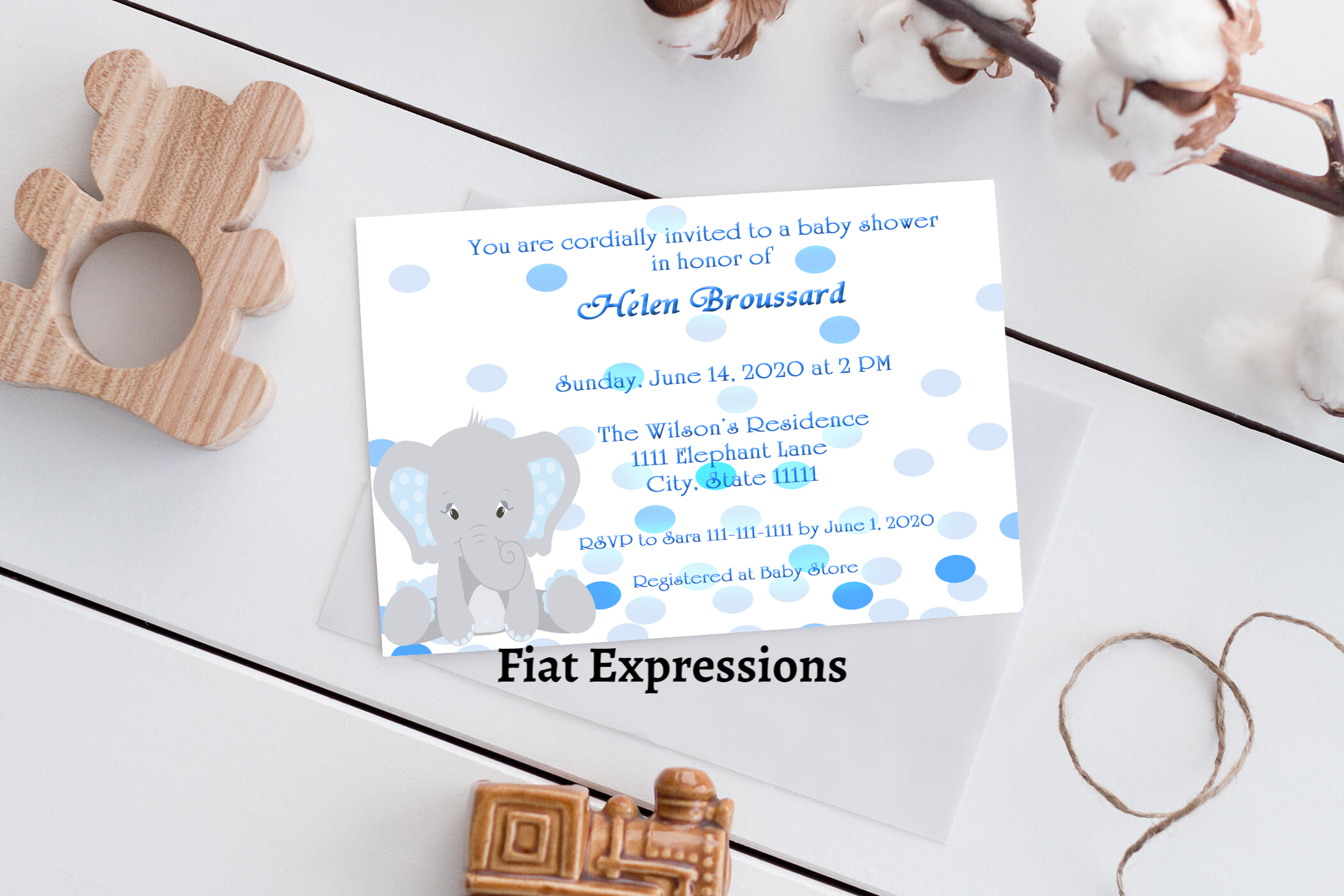 Fiat Expressions Elephant Blue Confetti Baby Shower Invitation Digital File