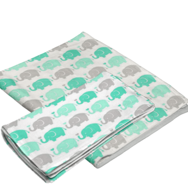 Elephant Mint Green Flannel Baby Blanket Burp Cloth Set