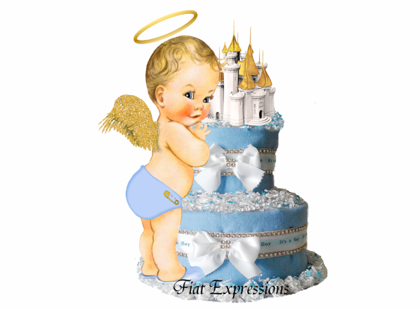 Fiat Expressions Heaven Sent Baby Blue Gold Burp Cloth Diaper Cake