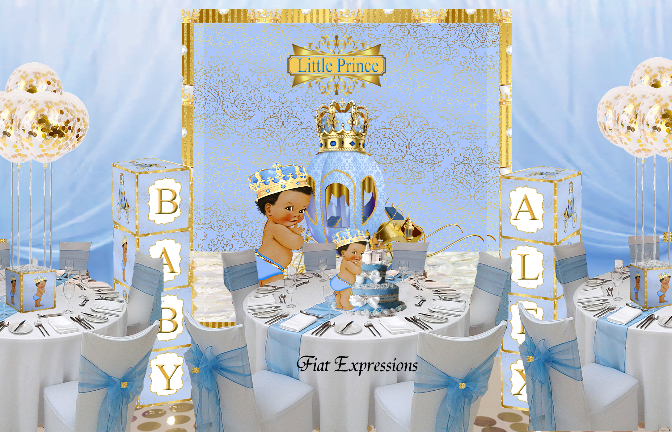 Prince Royal Blue Gold Diaper Cupcake with 2 or 4 Prince Balloon Centerpieces & Prince Poster Backdrop Baby Shower Decorations