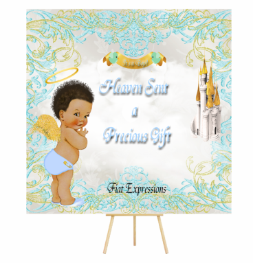 Heaven Sent Castle Blue Gold Baby Shower Poster Backdrop