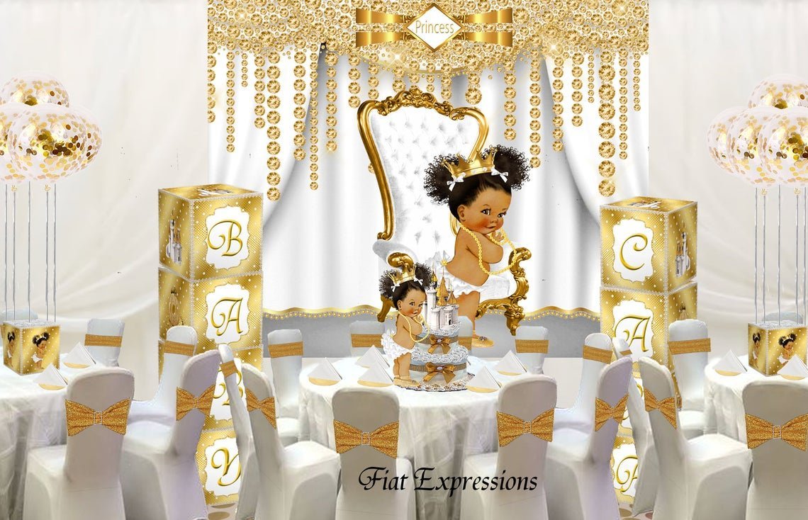 Fiat Expressions Princess White Gold Baby Shower Decoration Idea