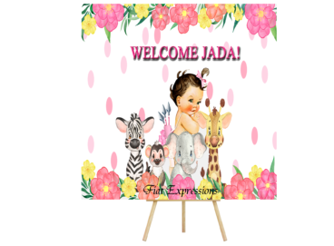 Jungle Safari Girl Pink White Baby Shower Poster Backdrop