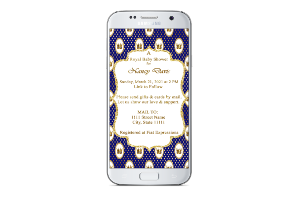 Fiat Expressions Prince Crowns Royal Blue Gold Dots Baby Shower Invitation Digital