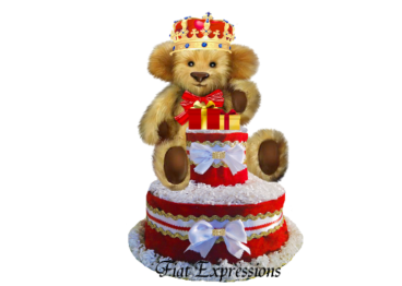 Fiat Expressions Teddy Bear Prince Red Gold Burp Cloth Diaper Cake