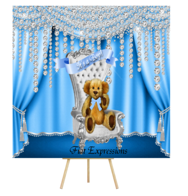 Fiat Expressions Teddy Bear Baby Blue Silver Throne Baby Shower Poster Backdrop