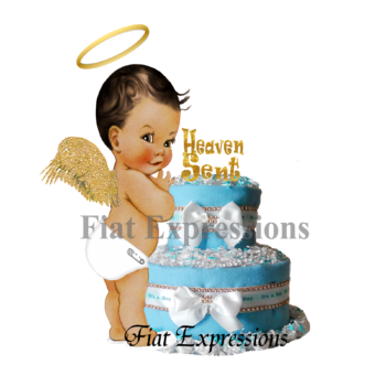 Heaven Sent Blue Gold White Diaper Cake