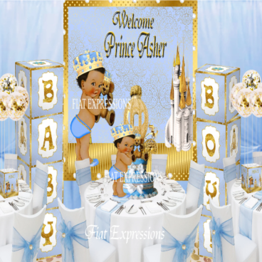 Prince Teddy Bear Light Blue Gold Baby Shower Kit