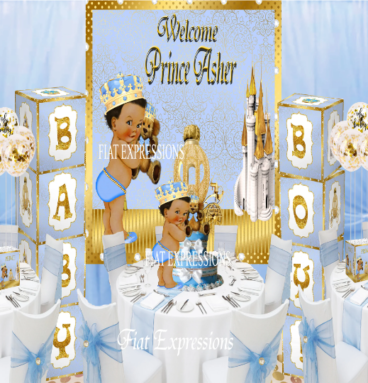 Prince Teddy Bear Light Blue Gold Baby Shower Kit