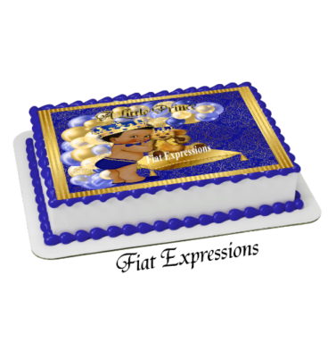 Prince Teddy Bear Pillow Royal Blue Gold Baby Shower Edible Cake Image