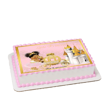 Princess Castle Coach Bear Pink Gold Baby Shower Edible Cake Image