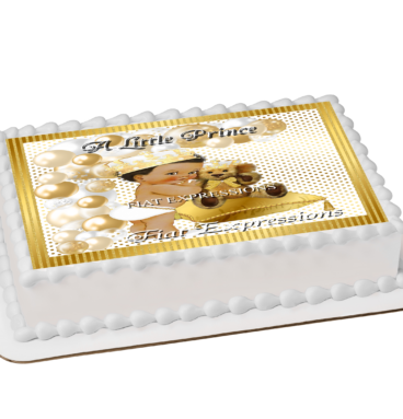 Prince Teddy Bear Pillow White Gold Baby Shower Edible Cake Image