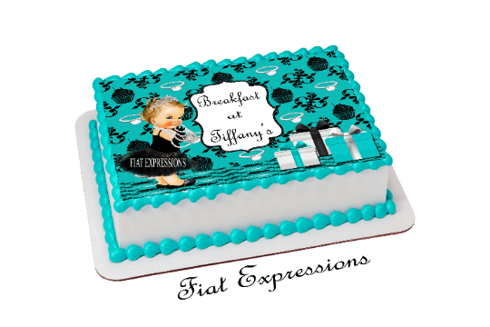 Breakfast at Tiffany's Turquoise Black Gifts Baby Shower Edible Cake Image