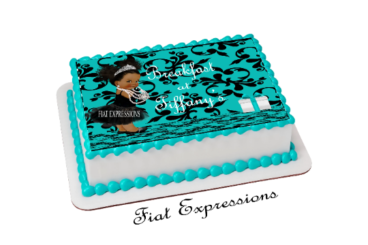 Breakfast at Tiffany's Turquoise Black Baby Shower Edible Cake Image