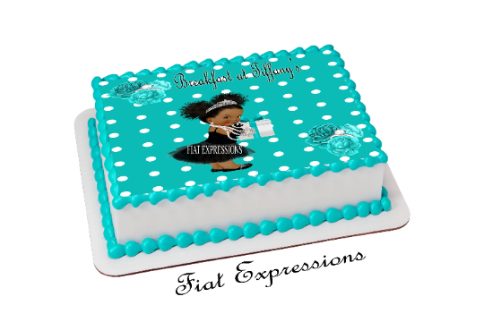Breakfast at Tiffany's Turquoise White Baby Shower Edible Cake Image