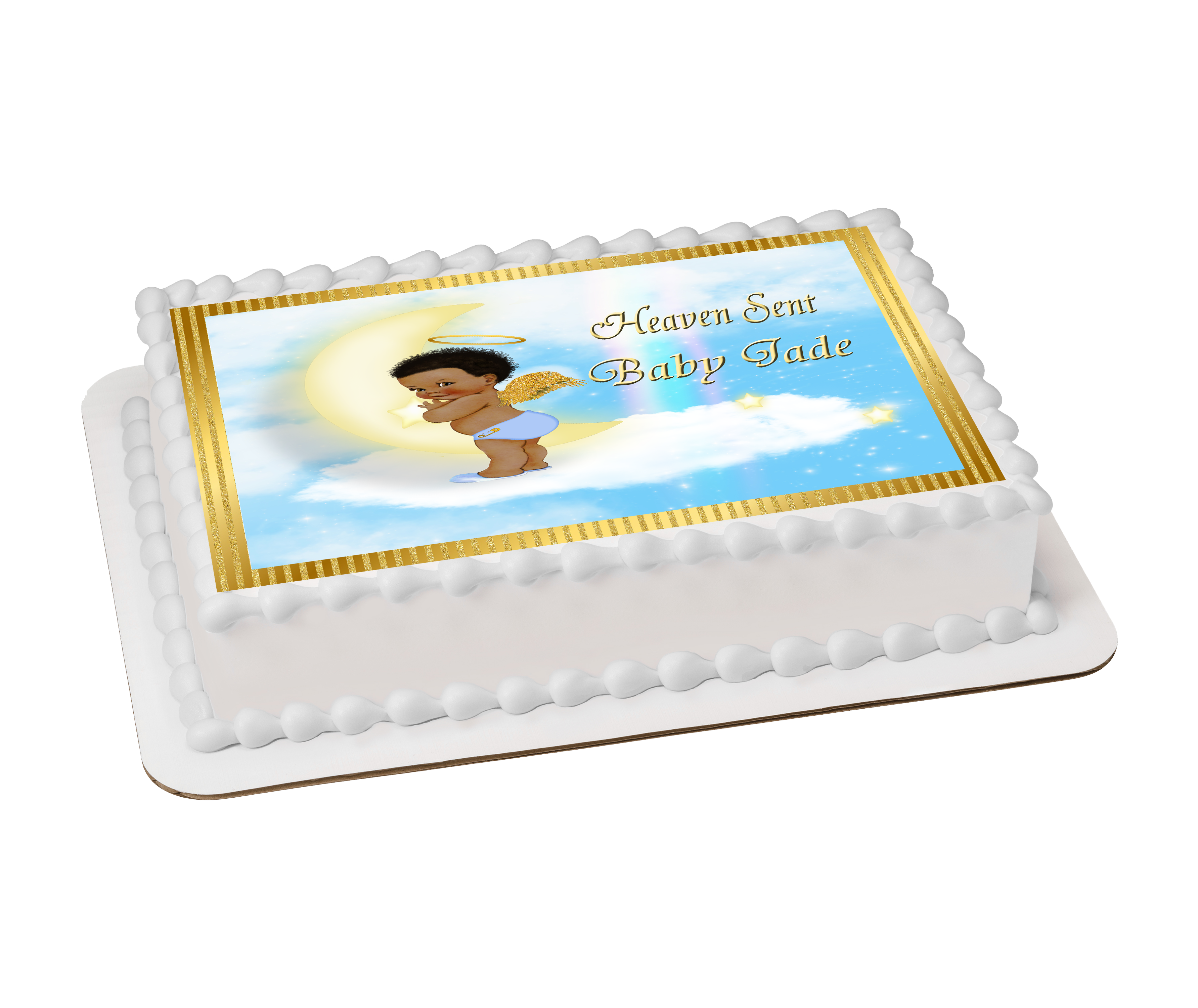 Heaven Sent Blue Gold Moon Cloud Baby Shower Edible Cake Image