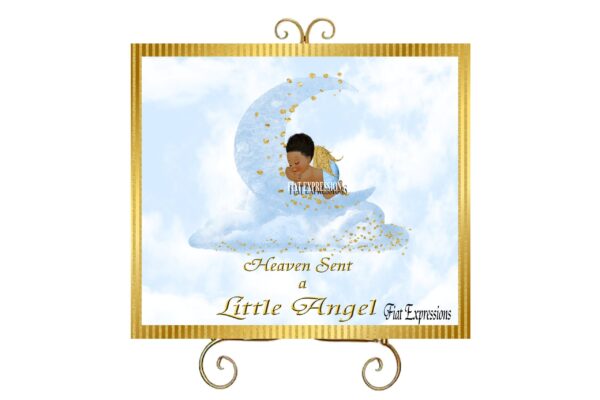 Heaven Sent Sleeping Angel Blue Gold Moon Cloud Baby Shower Backdrop Poster
