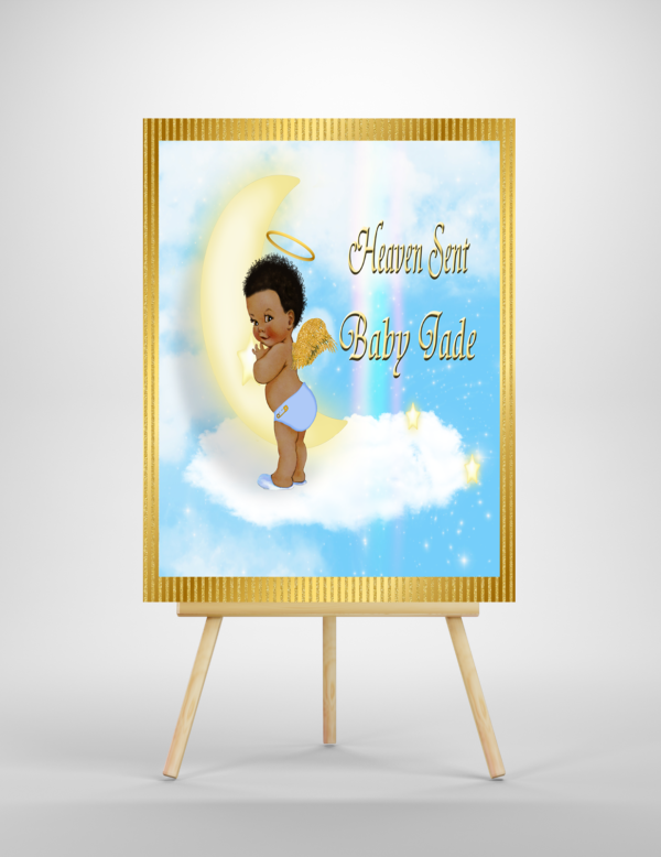Heaven Sent Blue Gold Moon Cloud Baby Shower Backdrop Poster