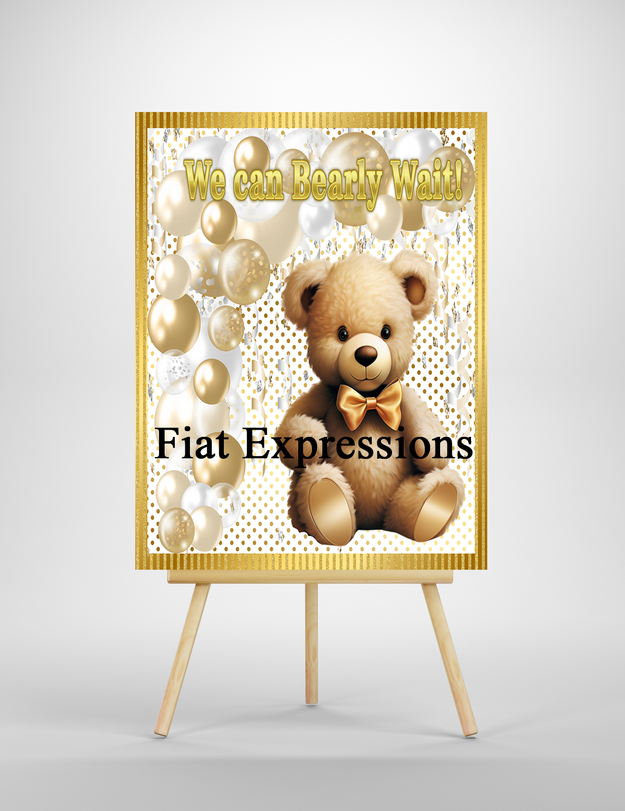 Teddy Bear Gold White Baby Shower Backdrop Poster