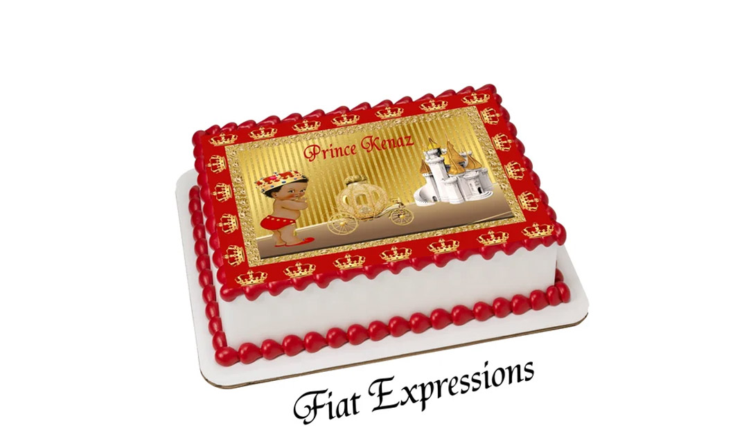 Prince Red Gold Crown Castle Coach Baby Shower Edible Cake Image