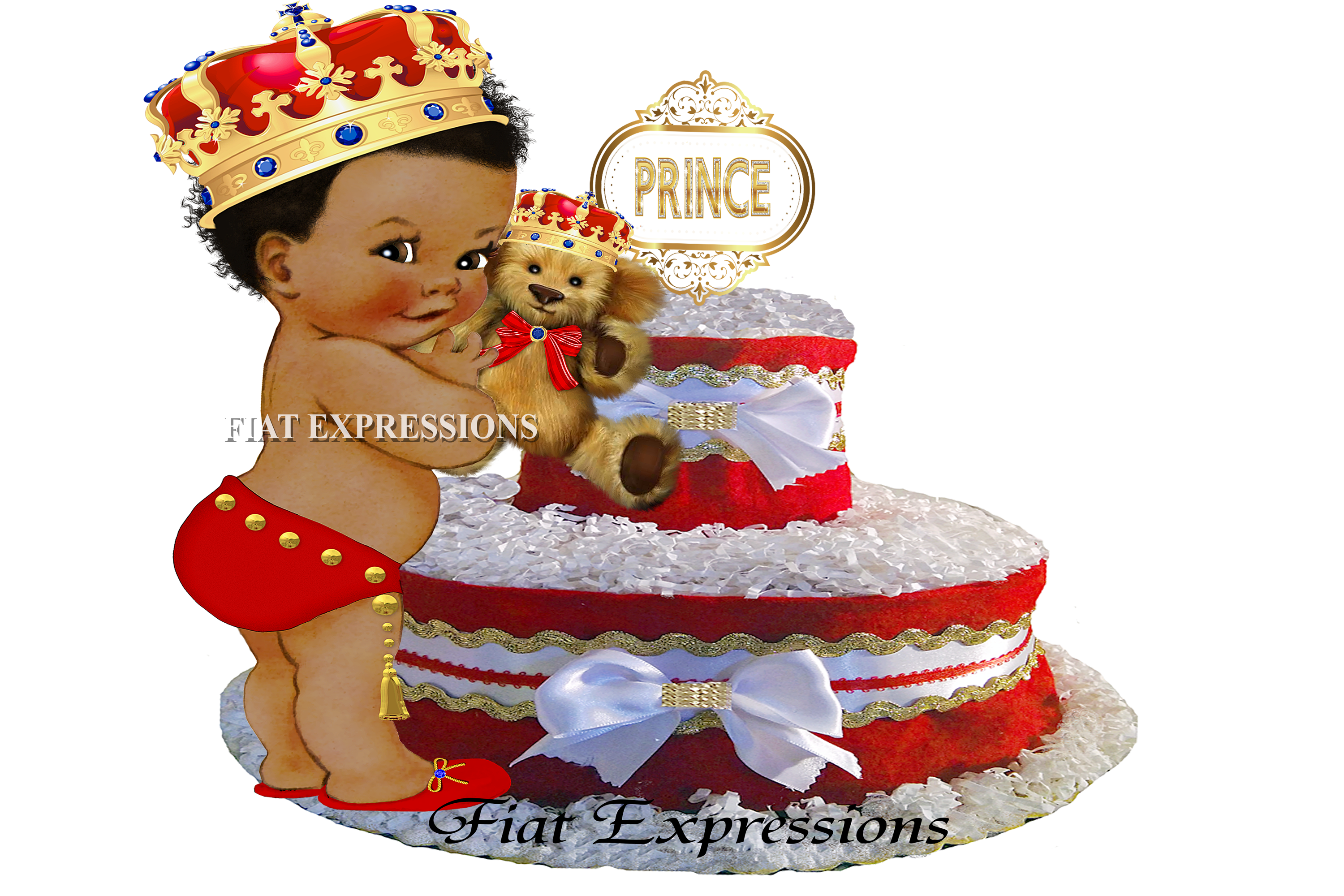 Prince Sign with Bear Red Gold Burp Cloth Diaper Cake