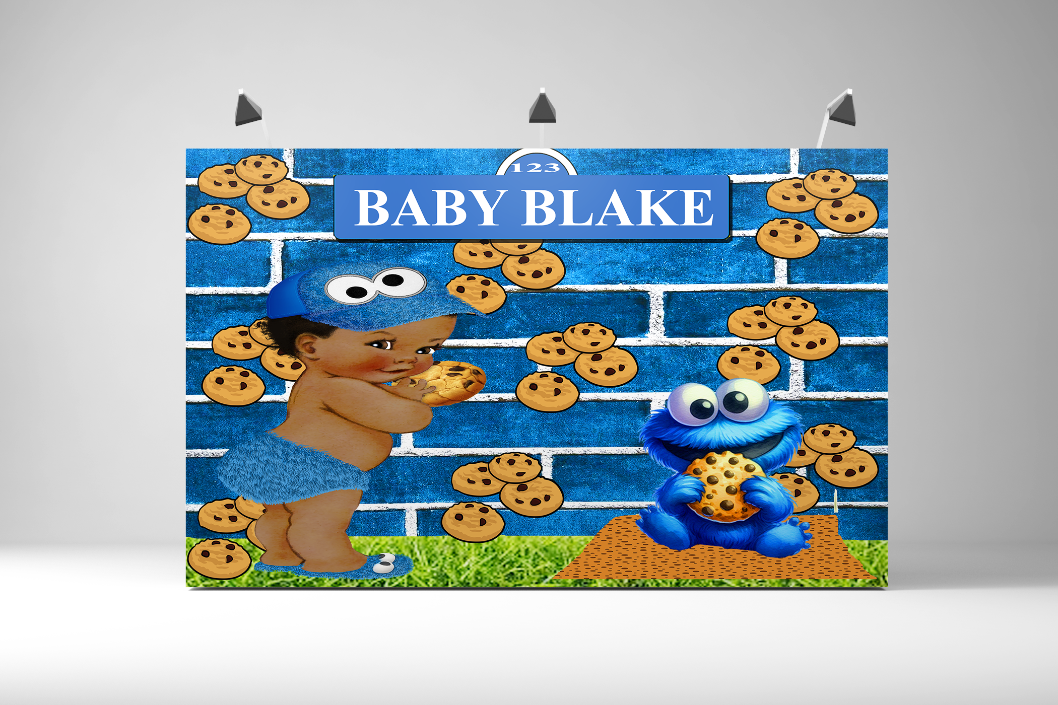 Cookie Monster Blue Brick Wall Baby Shower Backdrop