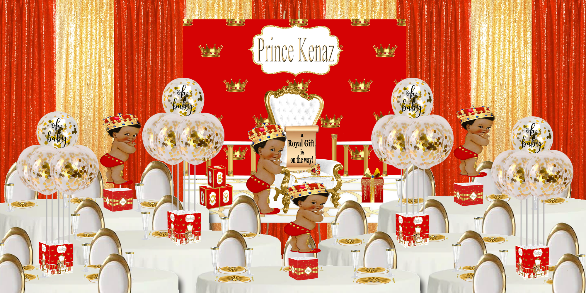 Prince Red Gold Crowns Baby Shower Centerpiece Set