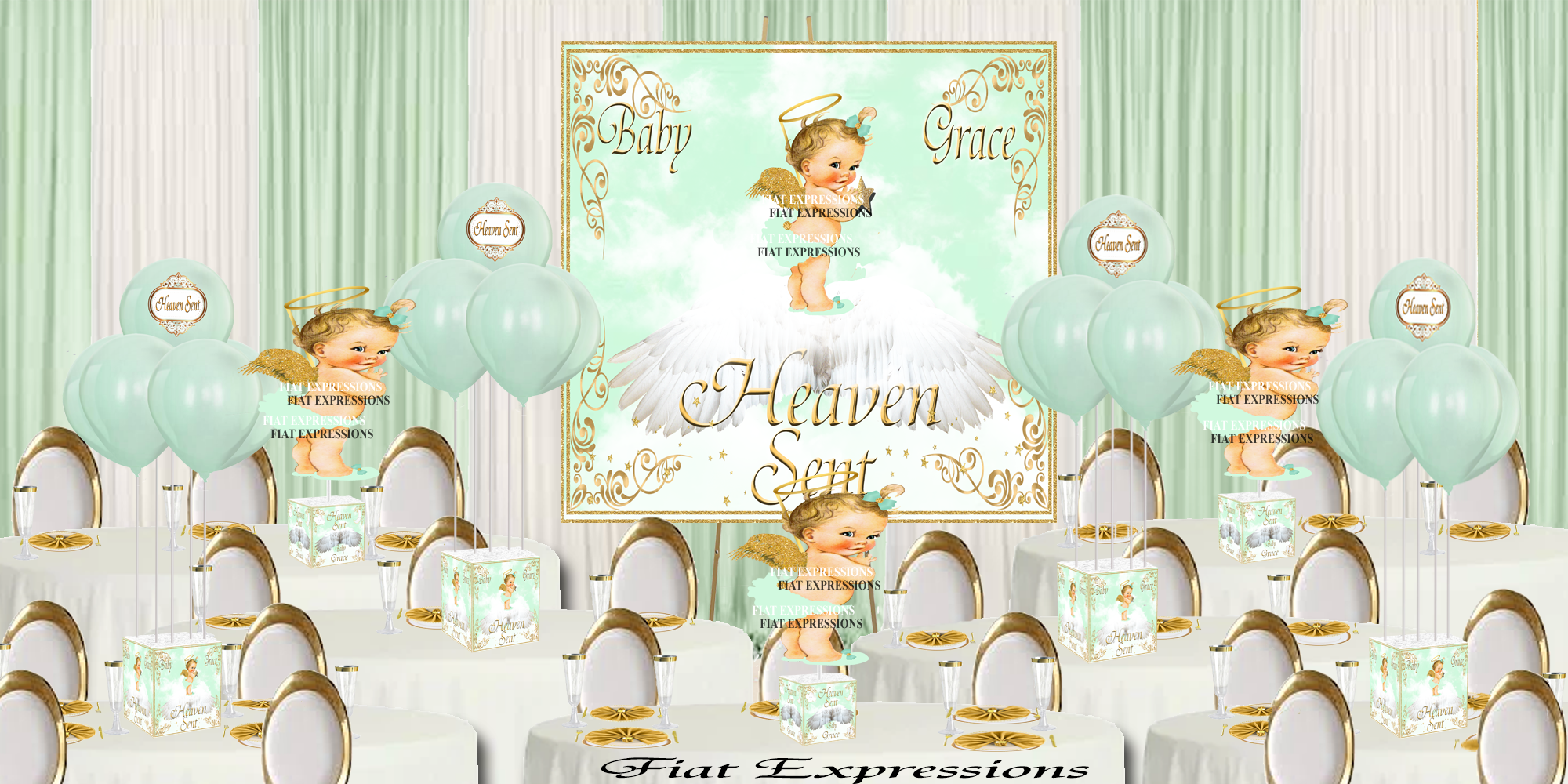 Heaven Sent Angel Cloud Mint Green Girl Baby Shower Centerpiece Set