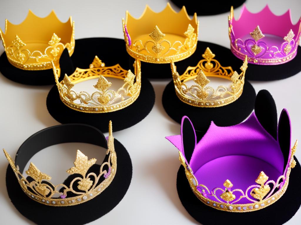 An image of prince-themed crowns, decorated with metallic gold and silver paint, glitter, and small ribbons attached to the ends of the crowns.
