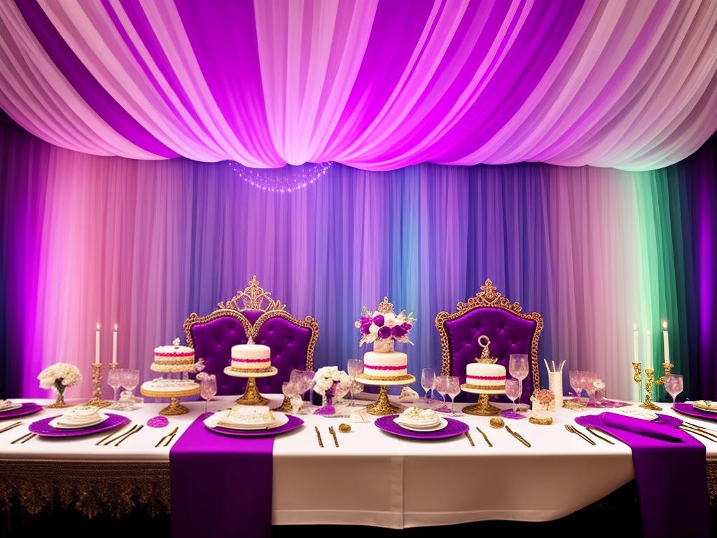 Image of a prince-themed decoration setup including throne chair, cake stand, diadems, table setting, and additional touches.